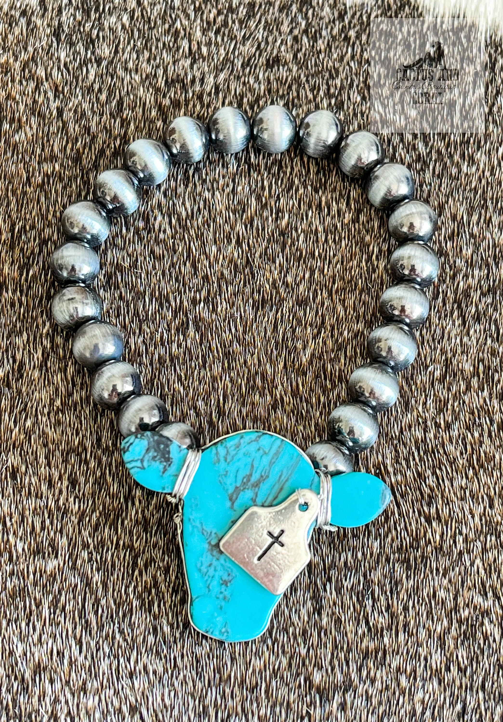 Navajo Style Pearl and Turquoise Cow Head Stone Bracelet, Western Jewelry, Western Bracelet, Southwestern Bracelet, Cattle Tag Cross Charm