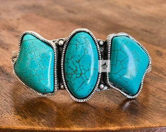 Turquoise and Silver Stone C Cuff Bracelet, Western Jewelry, Western Bracelet, Silver and Turquoise Cuff Bracelet, 3 Stone Adjustable C Cuff