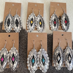 Diamond Stone Aztec Earrings, Western Jewelry, Western Earrings, Southwestern Jewelry, NFR Rodeo Fashion, Large Stamped Statement  Earrings