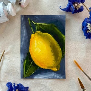 Miniature Lemon Oil Painting: Original Still Life ACEO Art (2.5 x 3.5 inches / 64 x 89 mm)