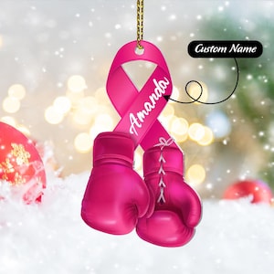 Personalized Breast Cancer Ornament Awareness Gifts, Pink Boxing Gloves Ribbon, Custom Breast Cancer Ornament, Cancer Ribbon Ornament