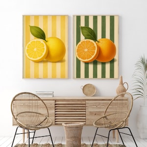 Lemon & Orange Fruit Wall Art Set – Vintage Citrus Kitchen Decor, Printable Fruit Poster Set for Dining Room, 2 Prints Included