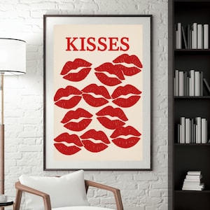 Red Lips Pop Art Print: Kisses Illustration, Valentine&#39;s Decor (Digital Download)