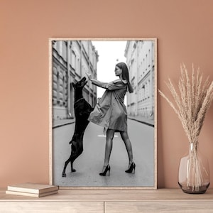 Luxury Fashion Doberman Poster, Designer Wall Art, Black and White, Designer Dog Print, Maximalist Room Decor, Doberman, Fashion Magazine
