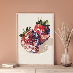 Retro Disco Strawberry Print, Fruit Red Print, Vintage Art, Coquette Wall Art, Girly Preppy Trendy Wall Art, Disco Ball Print, Disco Fruit