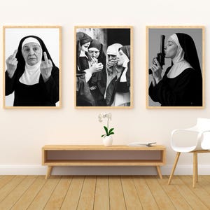 Funny Rebel Nun Prints: Vintage Black and White Religious Decor, Set of 3