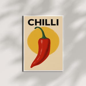 Vintage Chilli Pepper Wall Art Print, Red Hot Chili Poster for Kitchen, Spicy Vegetable Digital Artwork, Retro Culinary Decor Gift