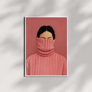 Minimalist Modern Woman Portrait Wall Art Print in Pink, Abstract Girl Illustration with Striped Sweater, Contemporary Feminine Decor