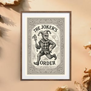 Stampa artistica da parete vintage "The Joker's Order" - Poster con illustrazione classica di un giullare - Decorazione in stile carte da gioco monocromatiche per sale giochi