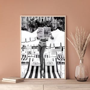 Woman Reading Newspaper Print, Black and White, Beach Photography, Vintage Poster, Luxury Fashion Wall Art, Summer Poster, Digital Download
