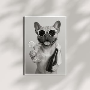 Funny French Bulldog Bartender Wall Art Print with Cocktail and Bottle, Cool Dog in Sunglasses Poster for Pet Lovers and Bar Decor