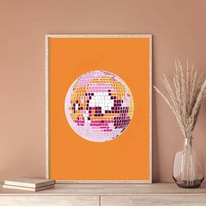 Retro oranje disco spiegelbol print, mirror ball bar winkelwagen poster, preppy citrusbal kunst aan de muur, funky food home decor, cadeau voor haar
