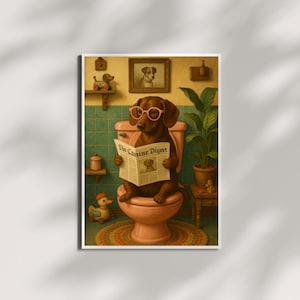 Funny Dachshund Bathroom Wall Art Print – Dog Reading Newspaper on Toilet – Whimsical Dog Lover Gift – Retro Style Dog Bathroom Decor Poster