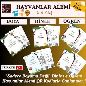 Op de afbeelding: Een verzameling kleurplaten voor kinderen met afbeeldingen van verschillende dieren, waaronder boerderijdieren, huisdieren en zeedieren. De pagina's zijn ontworpen voor kinderen van 3-4 jaar en bevatten de tekst "HAYVANLAR ALEMİ" en "BOYA".