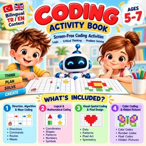 May include: A Coding Activity Book for ages 5-7 featuring bilingual Turkish and English content. The cover displays a cartoon boy and girl with a small robot, an open activity page with grid puzzles, and four sections detailing logic, math, pixel design, and color coding.