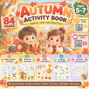 Op de afbeelding: Een herfst-activiteitenboek voor kinderen van 5-7 jaar met 84 pagina's. De kaft toont een jongen, een meisje en een eekhoorn tussen herfstbladeren. Het bevat secties voor knutselen, dieren, rekenen, coderen en kleuren, inclusief QR-codes.