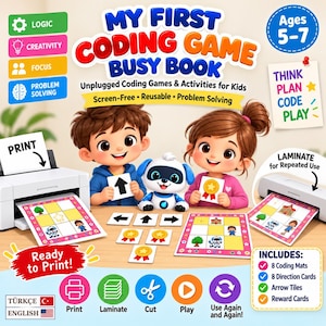 May include: My First Coding Game Busy Book featuring unplugged coding games and activities for kids. Includes 8 coding mats, 8 direction cards, arrow tiles, and reward cards. Features illustrations of two children and a robot dog with printed text.