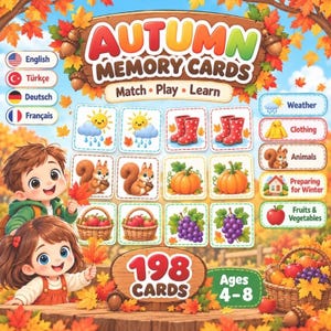 Peut inclure: Un jeu de cartes Autumn Memory Cards comprenant 198 cartes pour les 4-8 ans. Le plateau présente des illustrations colorées d'écureuils, de citrouilles, de raisins, de bottes de pluie et de paniers de fruits, avec des étiquettes pour la météo.