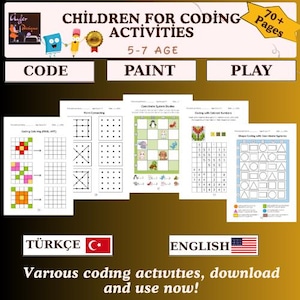 Może przedstawiać: Strony z ćwiczeniami edukacyjnymi dla dzieci w wieku 5-7 lat, zawierające kodowanie, malowanie i zabawy. Obraz zawiera tekst "Children for Coding Activities" i "Various coding activities, download and use now!"