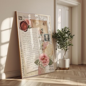 Liebesbrief Collage Digitaldruck - Vintage romantisch ästhetische Wandkunst, handgeschriebener Brief & Briefmarke Dekor, Shabby Chic zum Ausdrucken