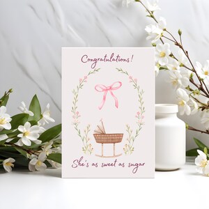 Carte de bébé fille, douce comme du sucre, carte de naissance florale, carte de voeux rose pour nouveau-né, carte de félicitations imprimée bébé fille