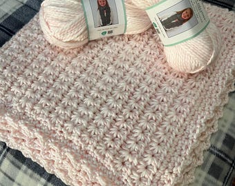 Handmade Chunky Crocheted Baby Blanket: Pink Star Stitch