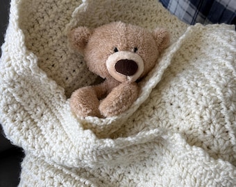 Handmade Chunky Baby Blanket: Ivory Crocheted Star Stitch