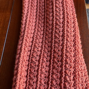 May include: A long, crocheted scarf in a deep coral color. The scarf has a textured stitch pattern that creates a ribbed look.
