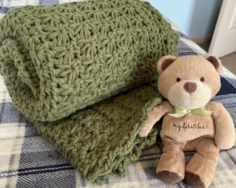 Handmade Chunky Crocheted Baby Blanket: Olive Green Star Stitch