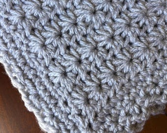 Handmade Chunky Crocheted Baby Blanket: Gray Star Stitch