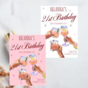 Pink Girls 21st Birthday invitation Editable printable digital Women&#39;s birthday invite template, white and Pink drink themed cheers invite