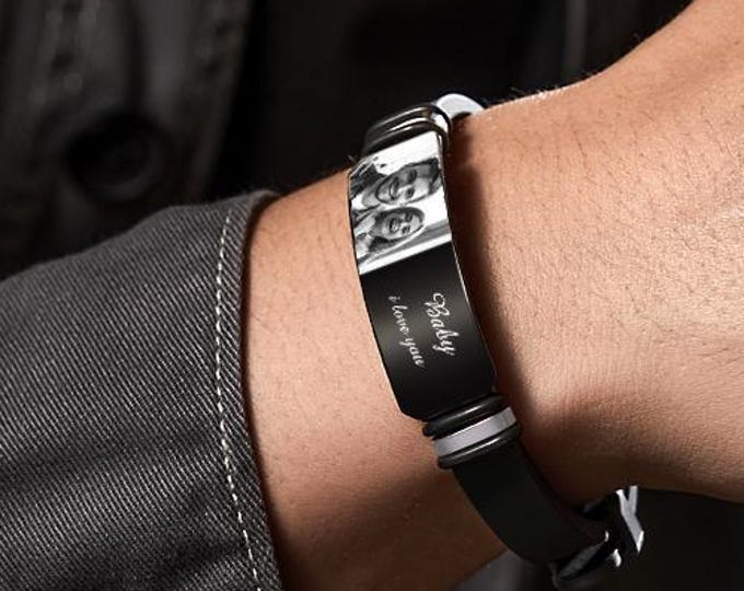 Men's Photo Bracelet - Custom Engraved Gift for Anniversary, Newly Married Couple, Personalized Black Filter Jewelry