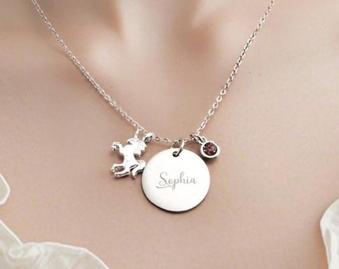 Unicorn Necklace Personalized with Birthstone & Name – Birthday Gift for Girls, Kids Jewelry, Custom Magical Pendant