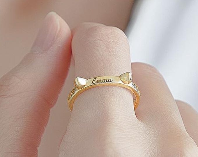 Personalized Cat-Shaped Ring Custom Engraved Name Jewelry Adorable Gift for Cat Lovers & Pet Owners | Unique Birthday Present