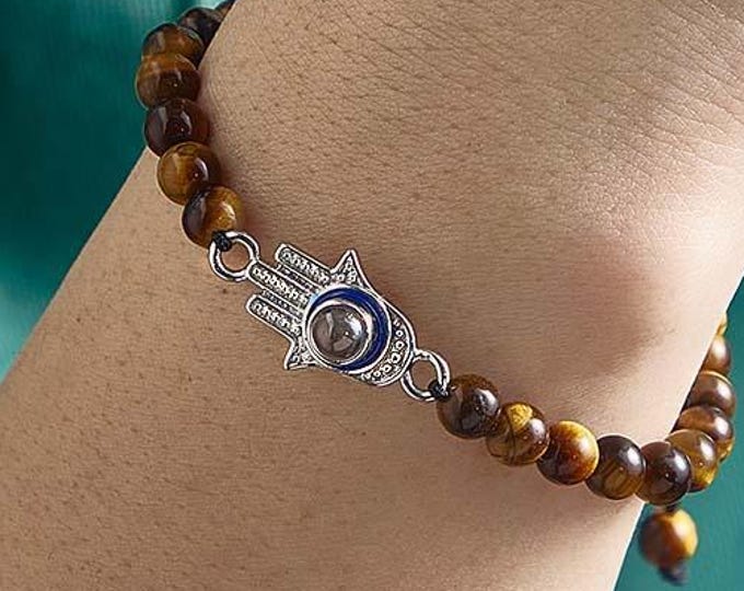 Projection Bracelet | Custom Photo Projection, Tiger Eye Beaded Hamsa & Evil Eye Amulet for Him, Unique Gift for Men