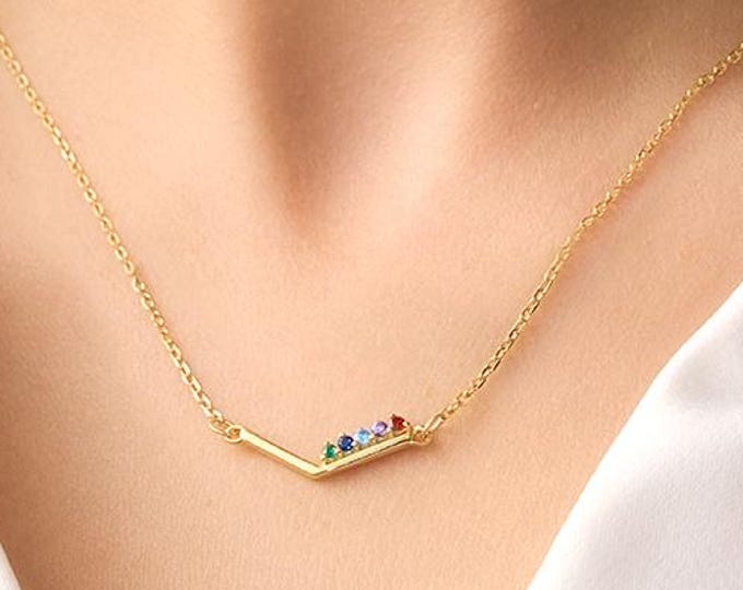 Birthstone Necklace | Personalized V Shaped Jewelry | Anniversary & Birthday Gift for Her