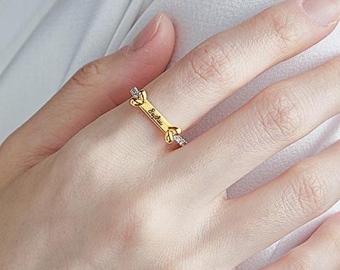 Custom Pet Bone Ring with Engraving, Cute Gift for Dog Lovers, Personalized Jewelry, Adorable Birthday Surprise