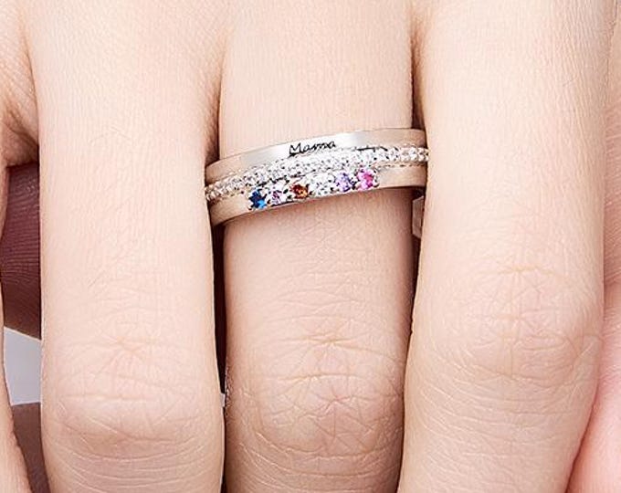 Birthstones Ring - Personalized Family Jewelry with Engraved Text, Perfect Birthday Gift for Mom & Grandma
