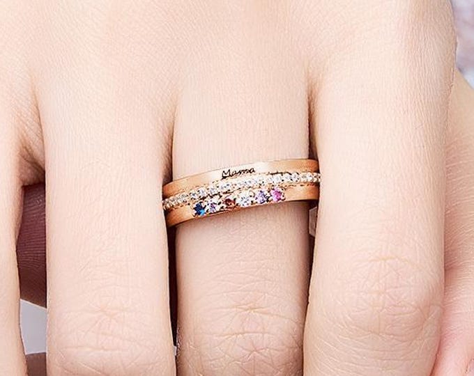 Personalized Birthstones Ring - Engraved Text Ring Jewelry Birthday Gift for Women, Custom Gemstone Jewelry, Unique Keepsake