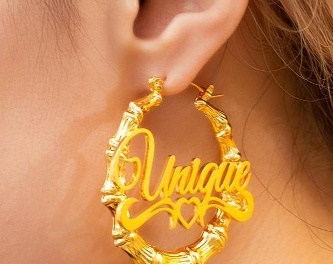 Custom Name Earrings: Personalized Stainless Steel Big Circle Bamboo Earrings for Her, Unique Gift Idea