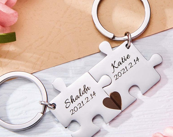 Couple Keychain - Custom Engraved Puzzle Keyring Set for Wedding & Anniversary Gifts - Personalized Love Keepsake