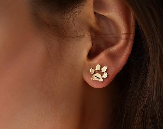 Paw Print Earrings Personalized Cute Paw Print Earrings with Engraved Name for Pet Lovers Gift