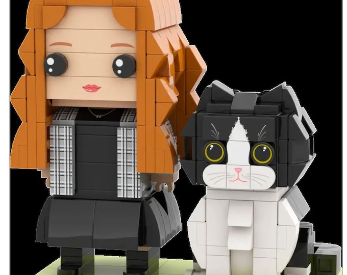Figure with Cat - Customizable Brick Figure, Personalized Feline Toy, Unique Small Particle Block, Perfect Gift for Cat Lovers