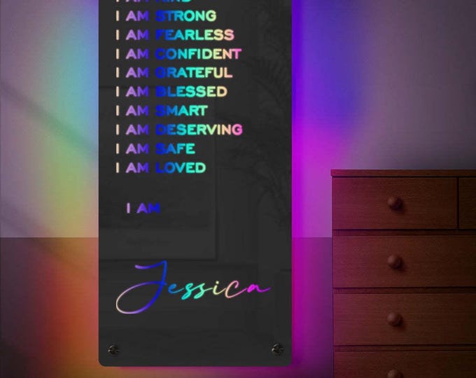 Affirmations Mirror - Light Colorful Bedroom Lamp, Positive Energy Decor, Motivational Quote Display, Unique Home Accent
