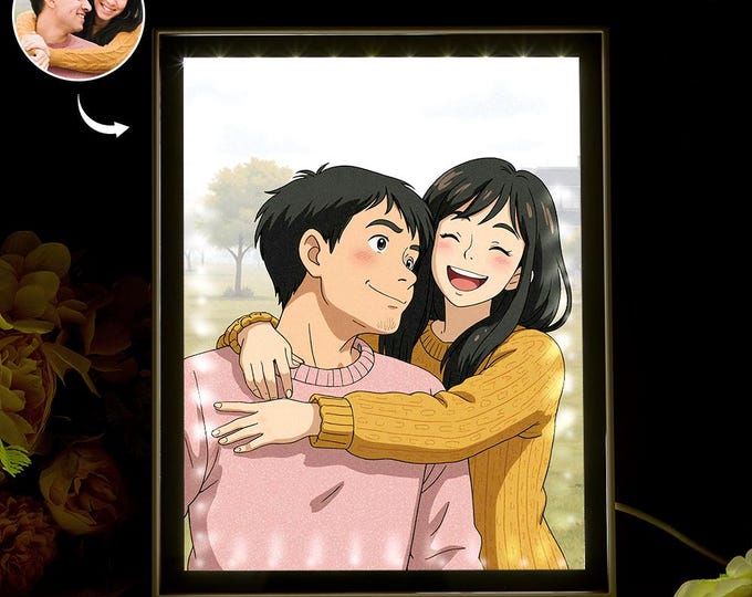 Personalized Mirror Night Light with Custom Photo – Ghibli Style Couple Gift, Unique Romantic LED Lamp for Home Decor