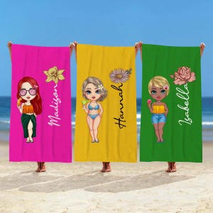 Birth Flower Towel Personalized Name Custom Cartoon Girl Beach Towel Gift for Friend Vacation Pool Accessory