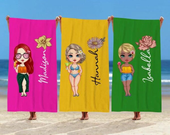 Birth Flower Towel Personalized Name Custom Cartoon Girl Beach Towel Gift for Friend Vacation Pool Accessory
