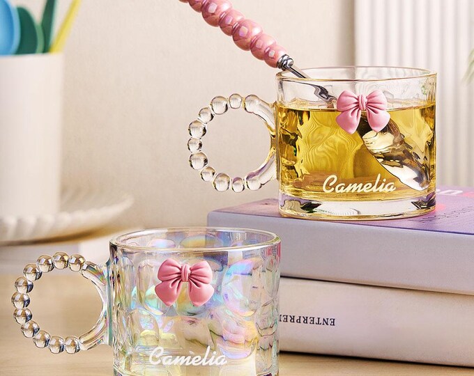 Coquette Bow Cup Personalized Glass Coffee Mug with Engraved Name - Unique Gift for Her, Cute Bow Design, Custom Drinkware