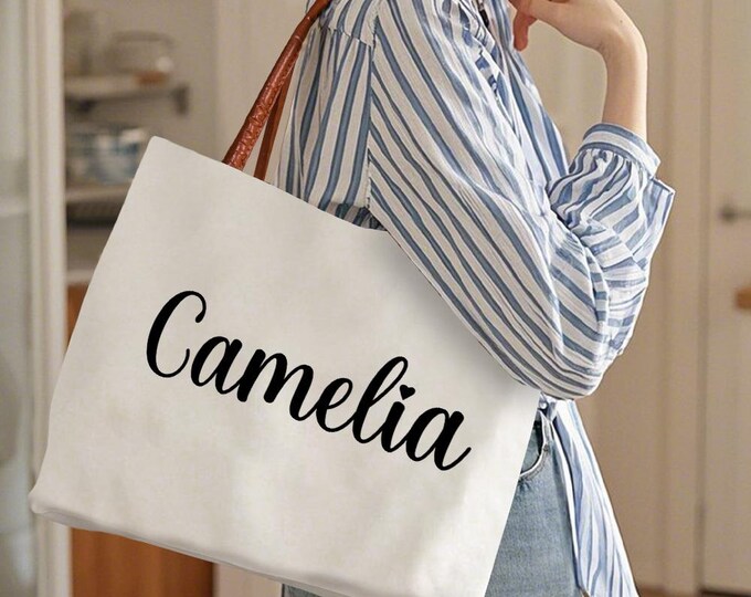 Canvas Tote Bag Personalized Name with Magnetic Buckle, Stylish Gift for Her, Durable Reusable Shopping Bag, Custom Tote for Everyday Use
