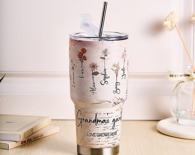 Insulated Tumbler – Custom 30oz Watercolor Birth Flower Name Gift for Mom or Grandma, Perfect Birthday Present